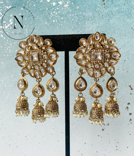 Kundan Bell Tops Earrings White