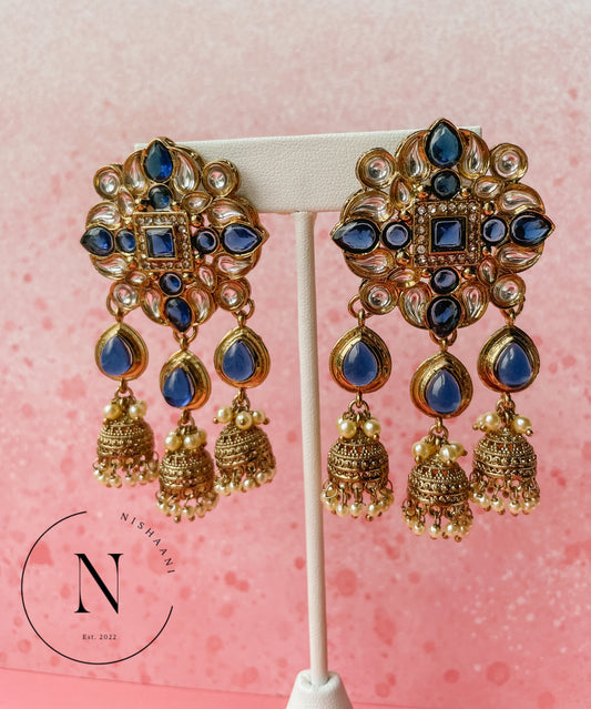 Kundan Bell Tops Earrings Blue