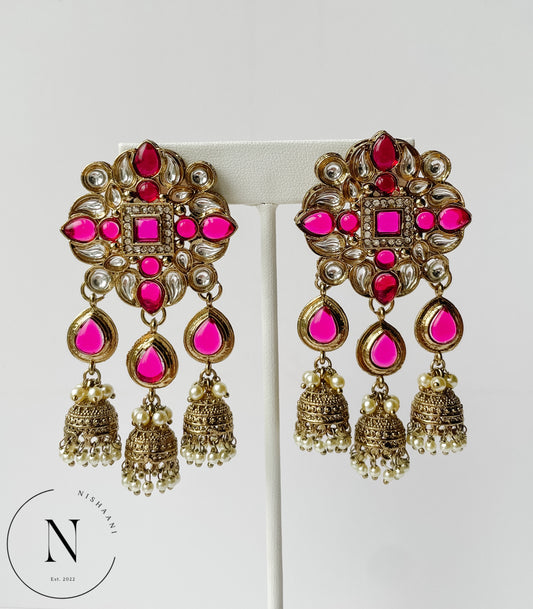 Kundan Bell Tops Earrings Hot Pink