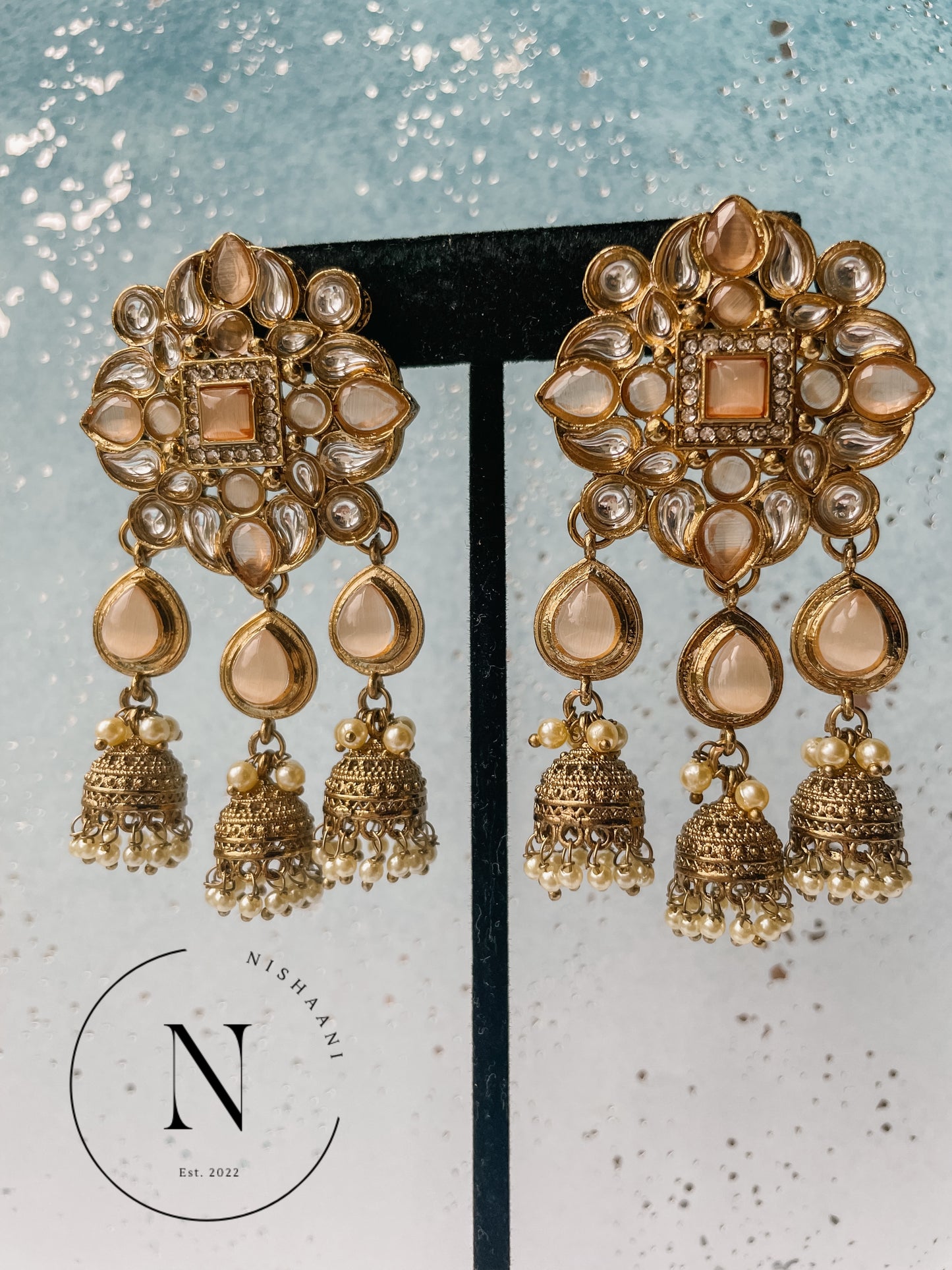 Kundan Bell Tops Earrings Peach