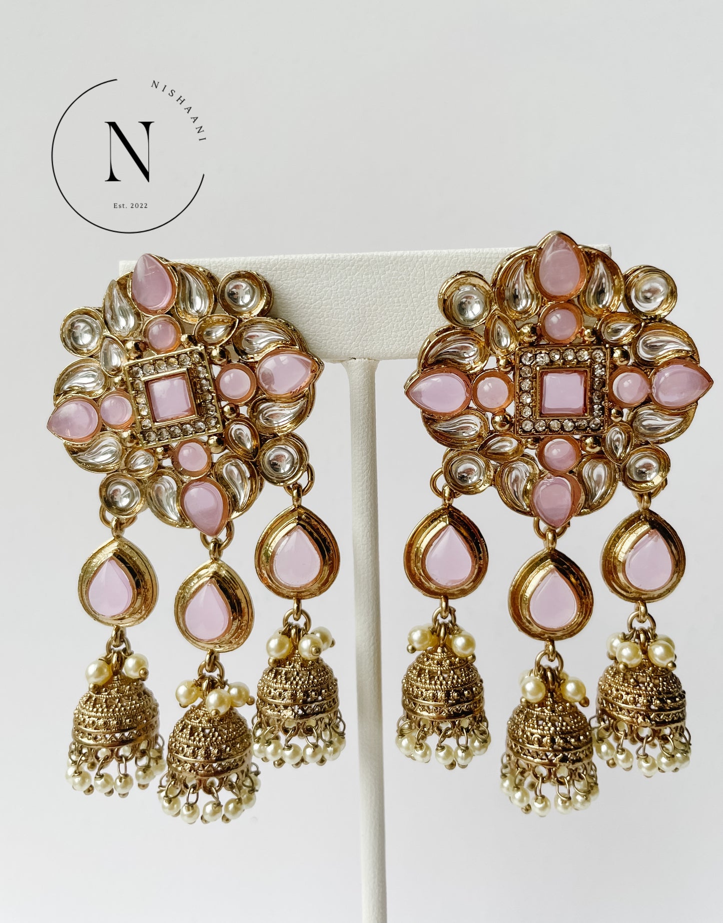 Kundan Bell Tops Earrings Baby Pink