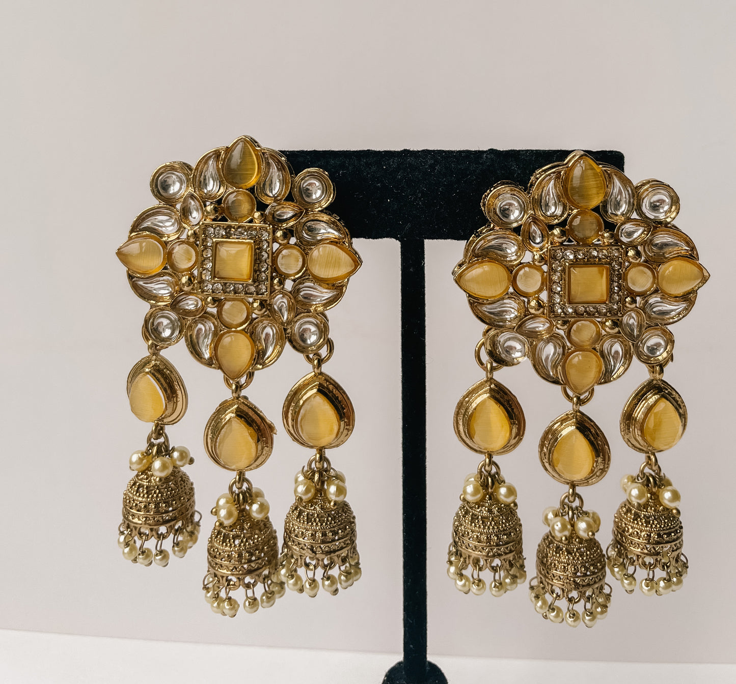 Kundan Bell Tops Earrings Yellow