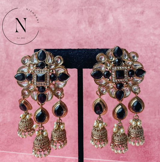 Kundan Bell Tops Earrings Black