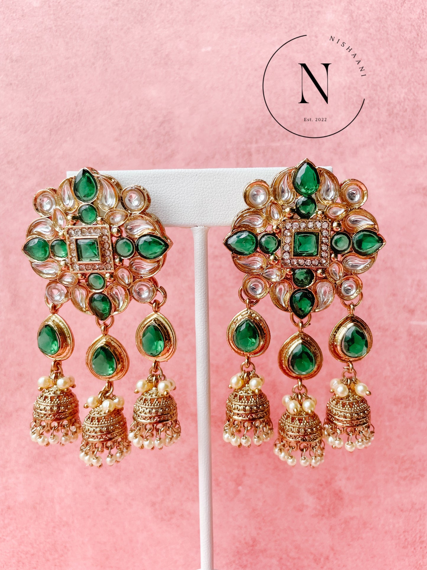 Kundan Bell Tops Earrings Green