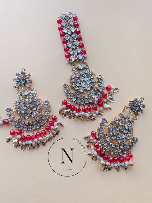 Pippal Earring and Tikka Set Red