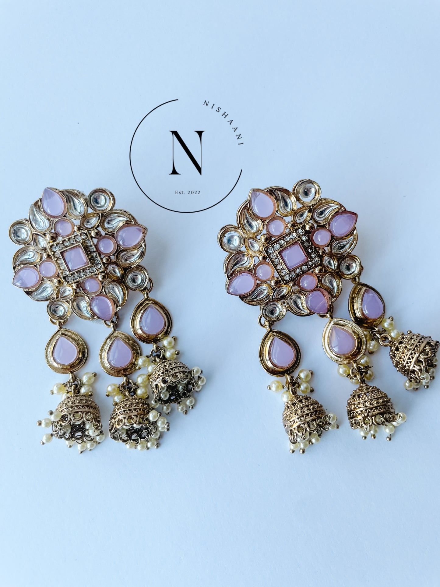 Kundan Bell Tops Earrings Lavender