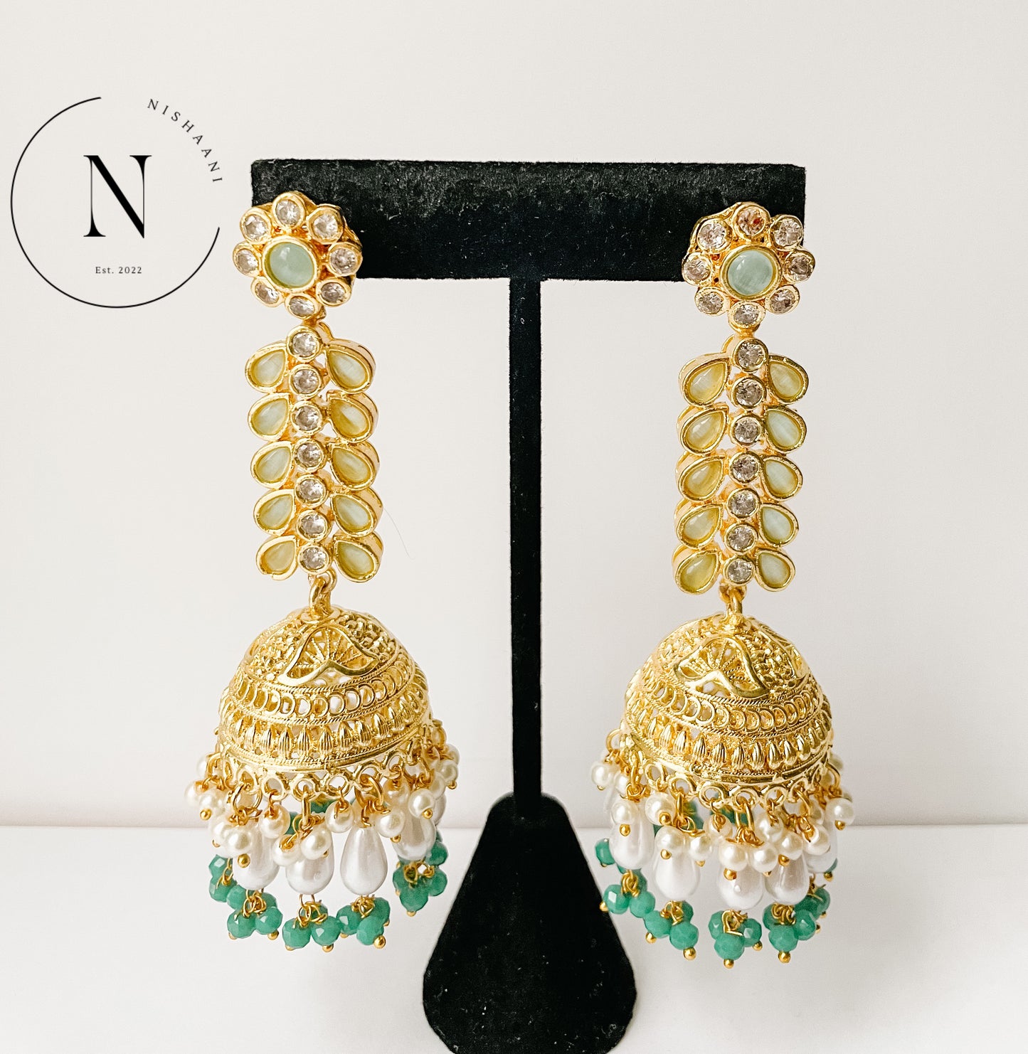 Gold Drop Jhumki Earrings Teal