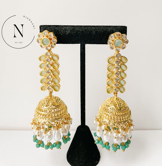 Gold Drop Jhumki Earrings Teal