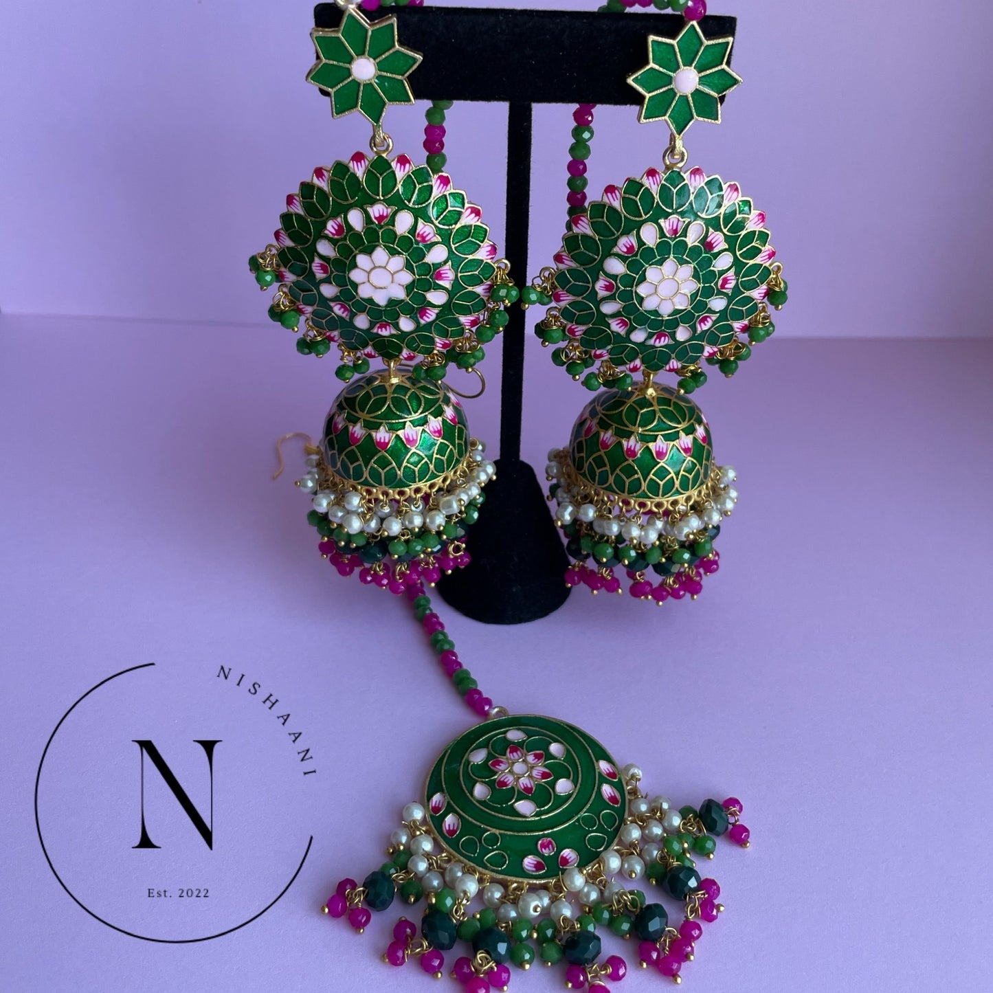 Hand Painted Earrings & Tikka Green - Pink (Last One)