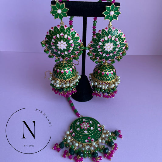 Hand Painted Earrings & Tikka Green - Pink (Last One)