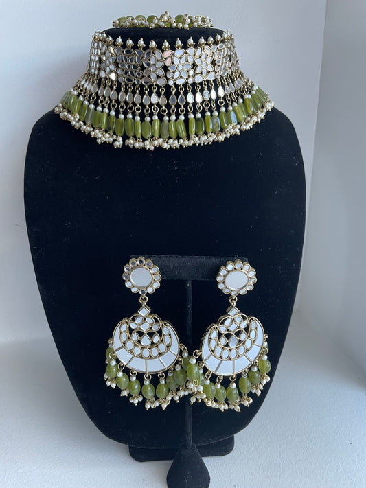 Mirror Choker Set Mendhi Green