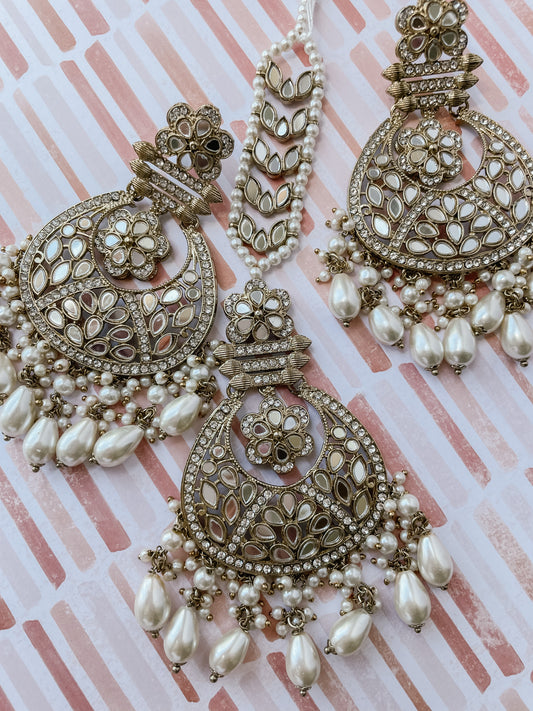 Mirror Earring Tikka Set  - White